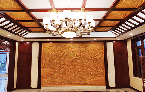 恩施中式别墅客厅中式木作横梁吊顶装饰展示